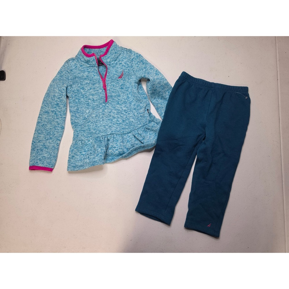 Nautica Toddler Girls 24M Blue Marled Peplum Half Zip Fleece Pullover Pants Set